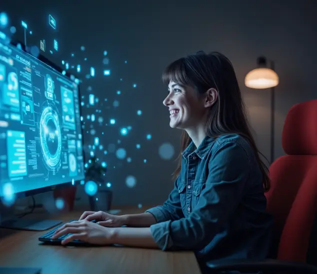 Image representing a women checking data visualization in system